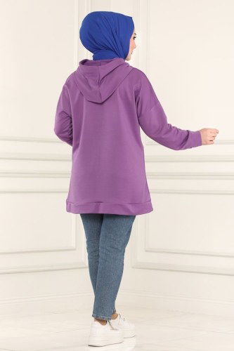 moda selvim Kapşonlu Tesettür Tunik 0168UZ662 Lila - Thumbnail