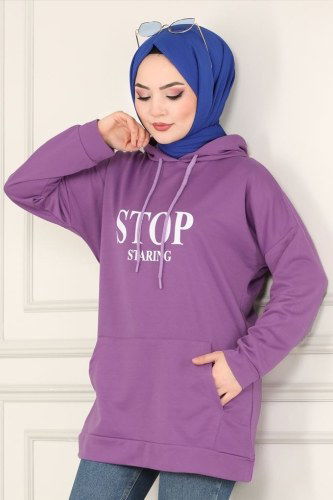 moda selvim Kapşonlu Tesettür Tunik 0168UZ662 Lila - Thumbnail
