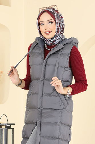 moda selvim Kapşonlu Tesettür Yelek 3023AL357 Antrasit - Thumbnail