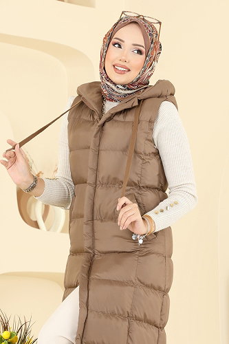 moda selvim Kapşonlu Tesettür Yelek 3023AL357 Kahve - Thumbnail