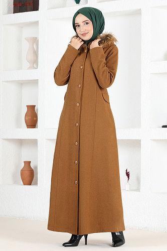 moda selvim Kapşonu Kürklü Kaban MSL3039-M Taba - Thumbnail