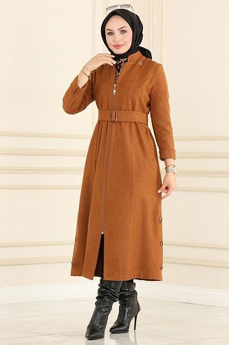 moda selvim Kapşonu Kürklü Kaşe Kaban 2301MRK805 Taba - Thumbnail