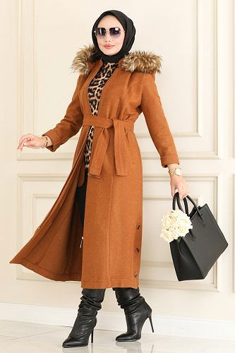 moda selvim Kapşonu Kürklü Kaşe Kaban 2301MRK805 Taba - Thumbnail