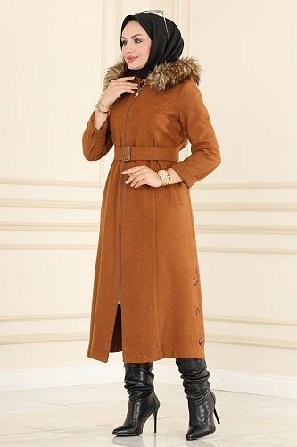 moda selvim Kapşonu Kürklü Kaşe Kaban 2301MRK805 Taba - Thumbnail