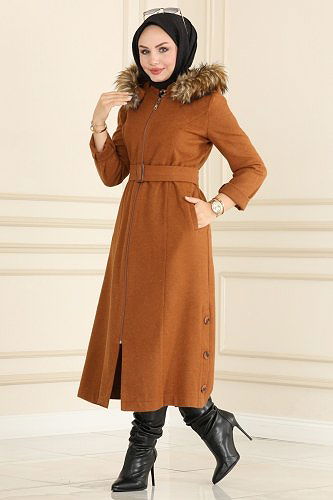 moda selvim Kapşonu Kürklü Kaşe Kaban 2301MRK805 Taba - Thumbnail