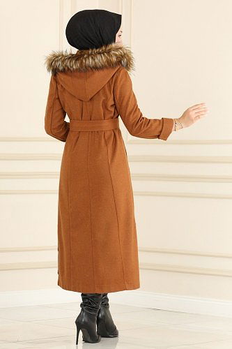 moda selvim Kapşonu Kürklü Kaşe Kaban 2301MRK805 Taba - Thumbnail