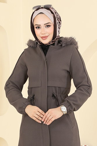 moda selvim Kapşonu Kürklü Kaşe Kaban 6661YG95 Kahve - Thumbnail