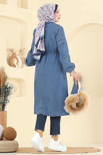 moda selvim Kapşonu Kürklü Kot Kap 4292MKL719 Açık Kot - Thumbnail