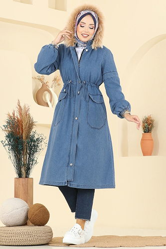 moda selvim Kapşonu Kürklü Kot Kap 4292MKL719 Açık Kot - Thumbnail