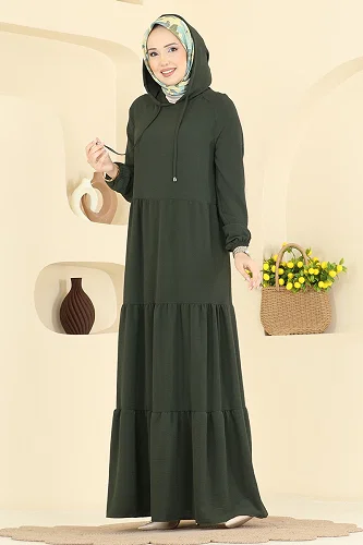moda selvim Kapüşon Detaylı Aerobin Elbise 5635ZNN863 Haki - Thumbnail