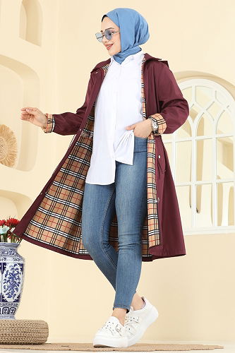 moda selvim Kapüşon Detaylı Bondit Trençkot 5533ZRF469 Bordo - Thumbnail
