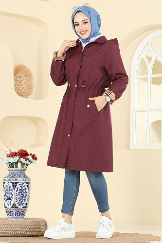 moda selvim Kapüşon Detaylı Bondit Trençkot 5533ZRF469 Bordo - Thumbnail