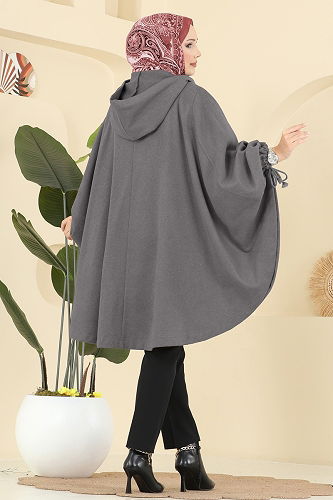 moda selvim Kapüşon Detaylı Kaşe Panço 0505ERK1158 Antrasit - Thumbnail