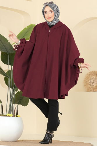 E.R.K. - Kapüşon Detaylı Kaşe Panço 0505ERK1158 Bordo