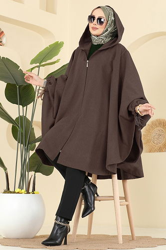 moda selvim Kapüşon Detaylı Kaşe Panço 0505ERK1158 Kahve - Thumbnail