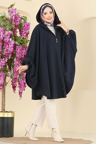 moda selvim Kapüşon Detaylı Kaşe Panço 0505ERK1158 Laci - Thumbnail