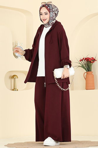 moda selvim Kapüşon Detaylı Modal Takım 2602ERK1158 Bordo - Thumbnail