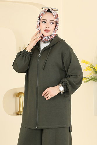 moda selvim Kapüşon Detaylı Modal Takım 2602ERK1158 Haki - Thumbnail