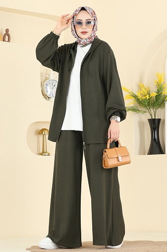 moda selvim Kapüşon Detaylı Modal Takım 2602ERK1158 Haki - Thumbnail