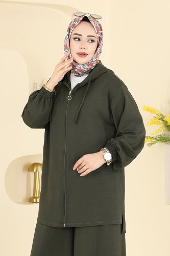 moda selvim Kapüşon Detaylı Modal Takım 2602ERK1158 Haki - Thumbnail