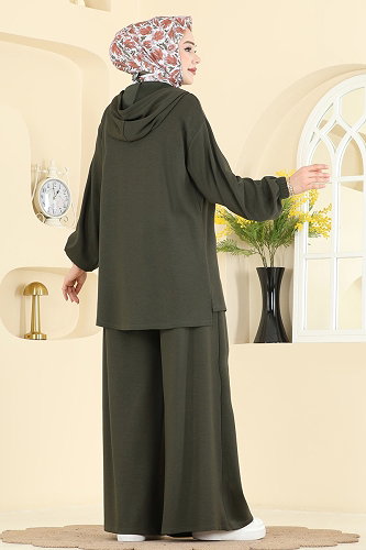 moda selvim Kapüşon Detaylı Modal Takım 2602ERK1158 Haki - Thumbnail
