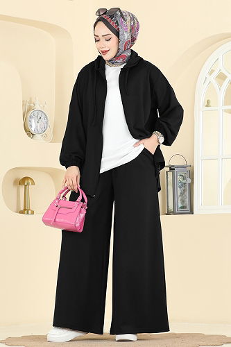 moda selvim Kapüşon Detaylı Modal Takım 2602ERK1158 Siyah - Thumbnail