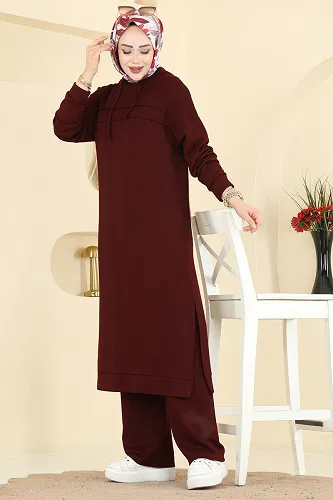 moda selvim Kapüşon Detaylı Modal Takım 2603ERK1158 Bordo - Thumbnail