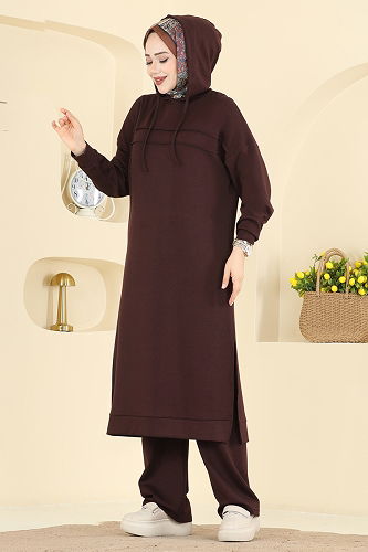 moda selvim Kapüşon Detaylı Modal Takım 2603ERK1158 Kahve - Thumbnail