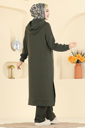 moda selvim Kapüşon Detaylı Modal Takım 2603ERK1158 Koyu Haki - Thumbnail