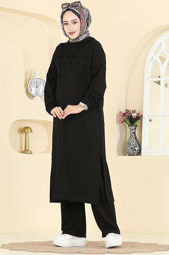 moda selvim Kapüşon Detaylı Modal Takım 2603ERK1158 Siyah - Thumbnail