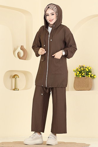 moda selvim Kapüşon Detaylı Pantolonlu Takım 3258HBS856 Açık Kahve - Thumbnail