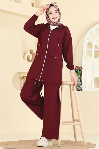 moda selvim Kapüşon Detaylı Pantolonlu Takım 3258HBS856 Bordo - Thumbnail