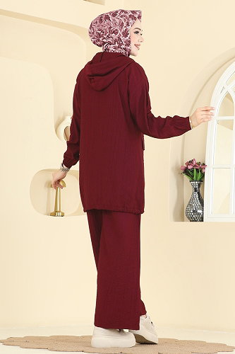 moda selvim Kapüşon Detaylı Pantolonlu Takım 3258HBS856 Bordo - Thumbnail