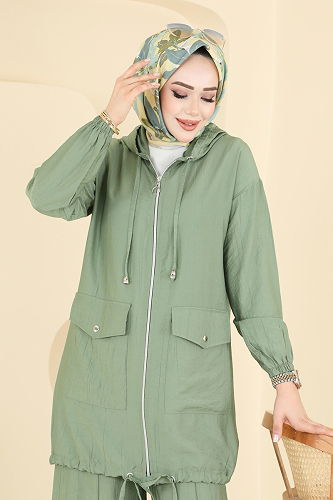 moda selvim Kapüşon Detaylı Pantolonlu Takım 3258HBS856 Çağla - Thumbnail