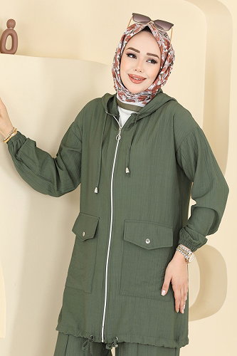 moda selvim Kapüşon Detaylı Pantolonlu Takım 3258HBS856 Haki - Thumbnail