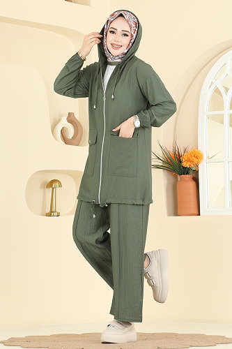 moda selvim Kapüşon Detaylı Pantolonlu Takım 3258HBS856 Haki - Thumbnail