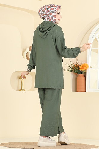 moda selvim Kapüşon Detaylı Pantolonlu Takım 3258HBS856 Haki - Thumbnail