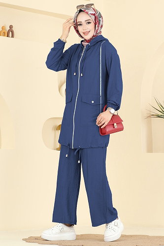 moda selvim Kapüşon Detaylı Pantolonlu Takım 3258HBS856 İndigo - Thumbnail