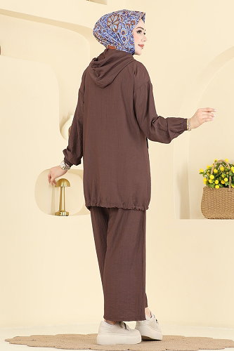 moda selvim Kapüşon Detaylı Pantolonlu Takım 3258HBS856 Kahve - Thumbnail