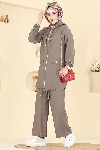 moda selvim Kapüşon Detaylı Pantolonlu Takım 3258HBS856 Koyu Vizyon - Thumbnail