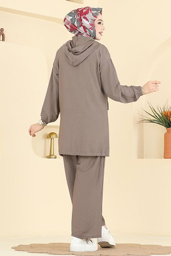 moda selvim Kapüşon Detaylı Pantolonlu Takım 3258HBS856 Koyu Vizyon - Thumbnail