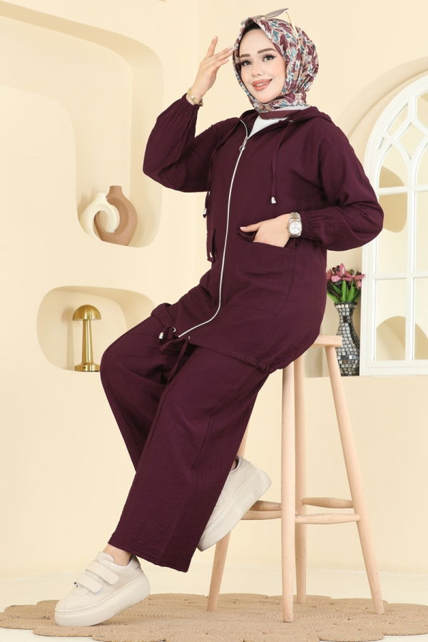 Modaselvim Kombin Kapüşon Detaylı Pantolonlu Takım 3258HBS856 Mürdüm