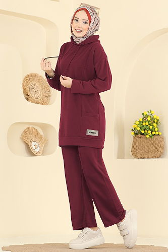 moda selvim Kapüşon Detaylı Spor Takım 1002ETT926 Bordo - Thumbnail