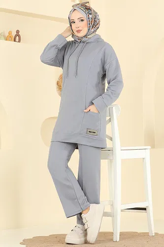 moda selvim Kapüşon Detaylı Spor Takım 1002ETT926 Gri - Thumbnail