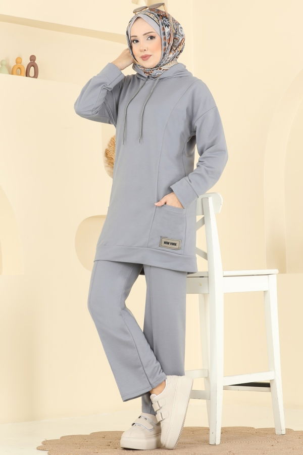 Modaselvim Kombin Kapüşon Detaylı Spor Takım 1002ETT926 Gri