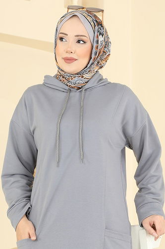 moda selvim Kapüşon Detaylı Spor Takım 1002ETT926 Gri - Thumbnail