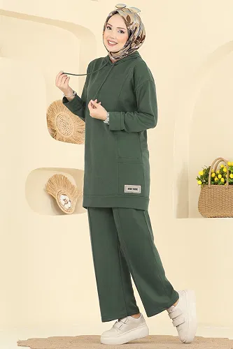 moda selvim Kapüşon Detaylı Spor Takım 1002ETT926 Haki - Thumbnail