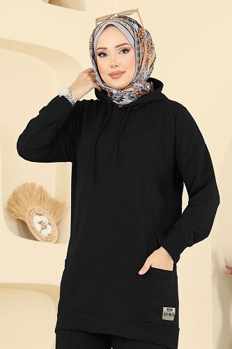 moda selvim Kapüşon Detaylı Spor Takım 1002ETT926 Siyah - Thumbnail