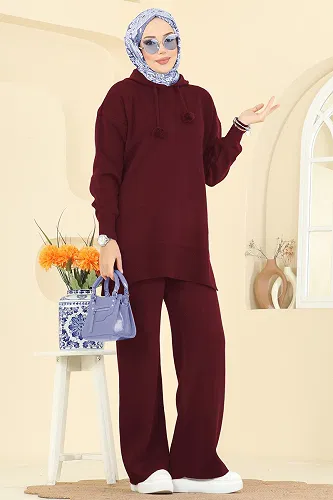 moda selvim Kapüşon Detaylı Triko Takım 1079BRZ597 Bordo - Thumbnail