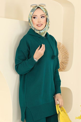 moda selvim Kapüşon Detaylı Triko Takım 1079BRZ597 Petrol - Thumbnail